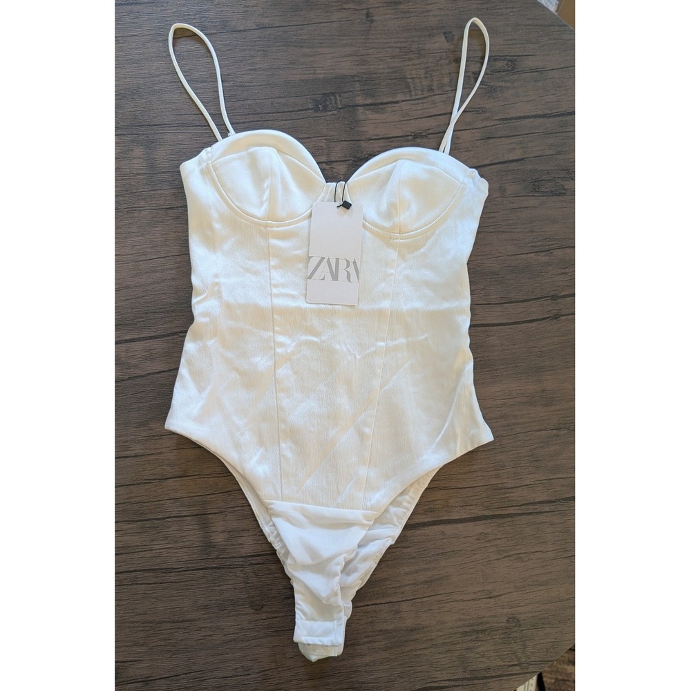 Zara NWT XS Cream Satin Corset Bodysuit Bustier Underwire Spaghetti Strap